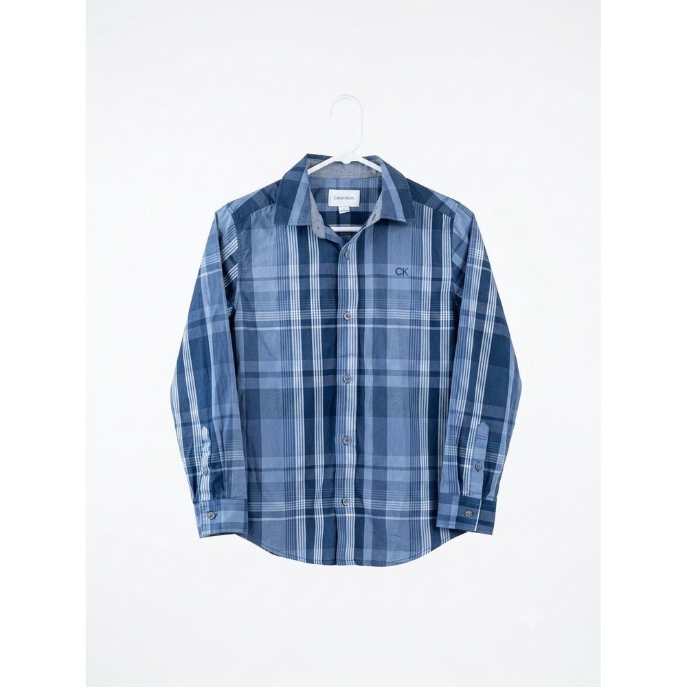 Calvin Klein Jeans Boys Size 10/12 Blue Plaid Long Sleeve Button Down Shirt